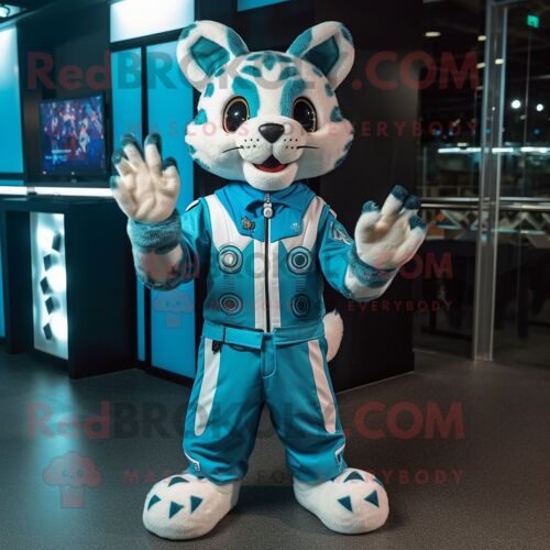 Personnage De Costume De Mascotte Redbrokoly Cyan Bobcat Habillé D'une Combinaison Et D'anneaux
