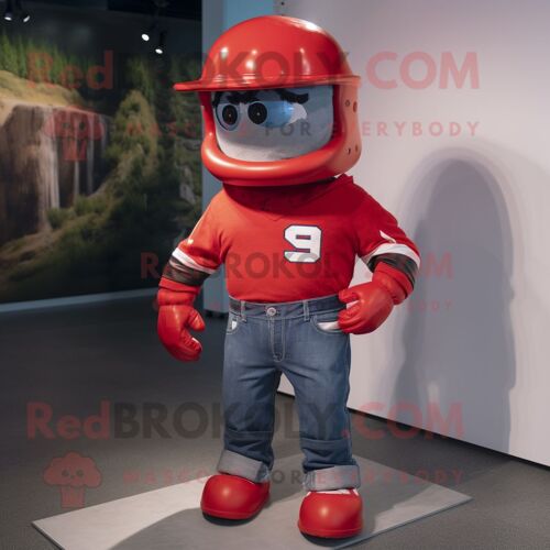 Personnage De Costume De Mascotte Redbrokoly De Casque De Football Américain Rouge Habillé Avec Un Jean Et Des Bretelles