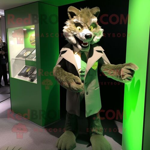 Personnage De Costume De Mascotte Redbrokoly De Loup Vert Habillé D'un Manteau Et De Boutons De Manchette