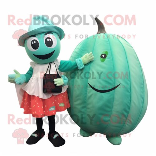 Personnage De Costume De Mascotte Redbrokoly De Melon Bleu Sarcelle Habillé D'un Chemisier Et De Porte-Monnaie
