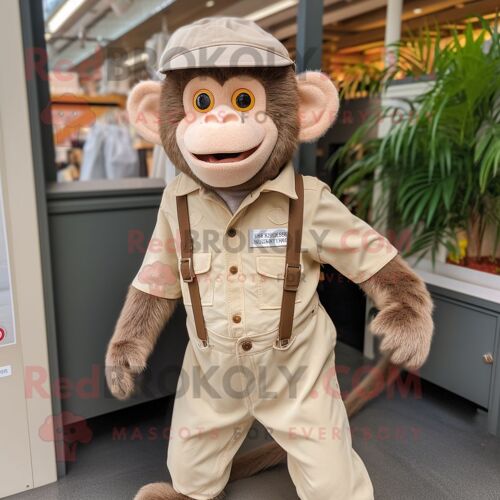 Mascotte Redbrokoly De Personnage De Singe Beige Habillé Avec Une Salopette Et Des Chapeaux