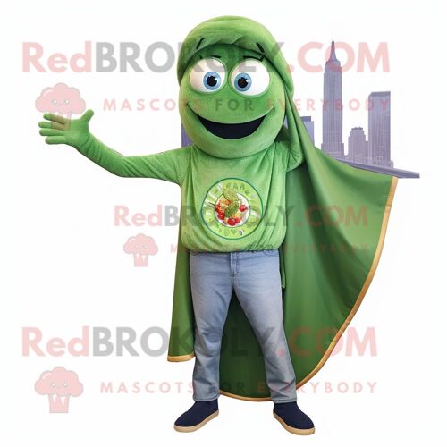 Mascotte Redbrokoly De Personnage De Pizza Verte Habillé D'un Jean Boyfriend Et D'épingles À Châle