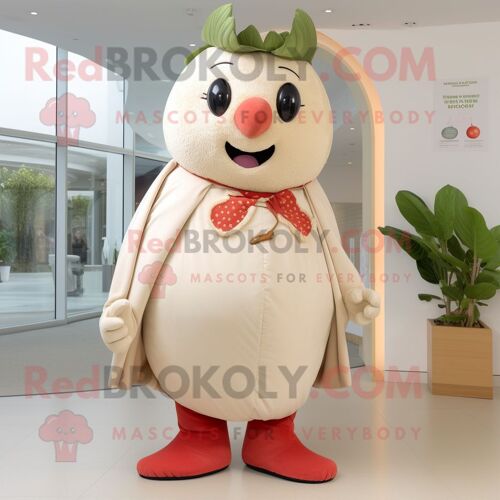 Mascotte Redbrokoly De Personnage De Fraise Beige Habillé Avec Un Pantalon Et Des Châles