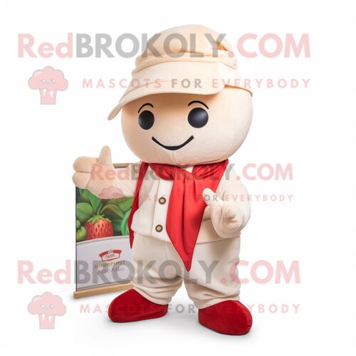 Mascotte Redbrokoly De Personnage De Fraise Beige Habillé Avec Un Pantalon Et Des Châles