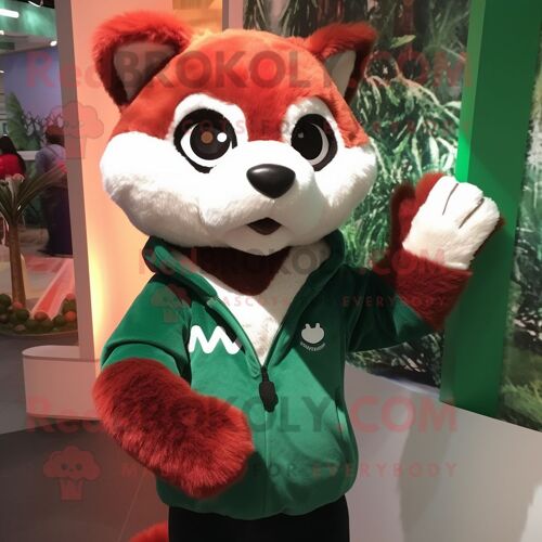 Personnage De Costume De Mascotte Redbrokoly De Panda Rouge Vert Forêt Habillé D'un Pull Et De Mitaines