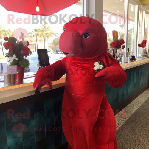Personnage De Costume De Mascotte Redbrokoly Red Stellar S Sea Cow Habillé D'une Robe De Cocktail Et De Sacs À Main