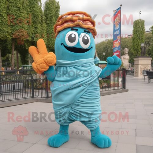 Personnage De Costume De Mascotte Redbrokoly Croissant Turquoise Vêtu D'un Short En Jean Et De Clips D'écharpe