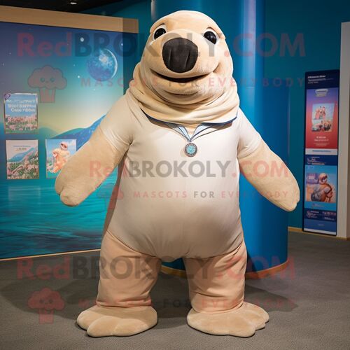 Personnage De Costume De Mascotte Redbrokoly De Vache De Mer De Stellar S Beige Vêtu D'un Bermuda Et De Châles