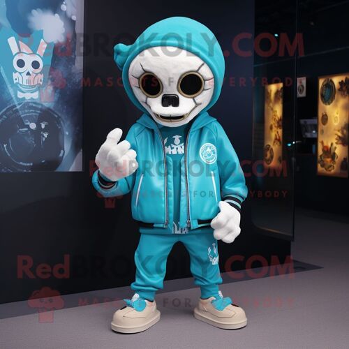 Personnage De Costume De Mascotte Redbrokoly De Crâne Cyan Habillé D'un Sweat-Shirt Et De Boutons De Manchette