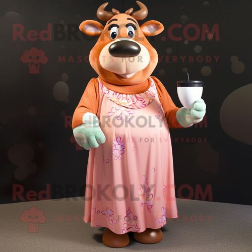 Personnage De Costume De Mascotte Redbrokoly De Vache Jersey Peach Habillé D'une Robe Longue Et De Broches