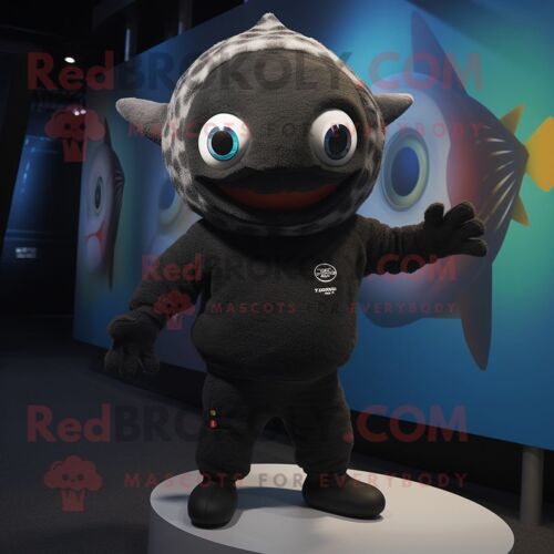 Personnage De Costume De Mascotte Redbrokoly De Thon Noir Habillé D'un Pull Et De Bonnets