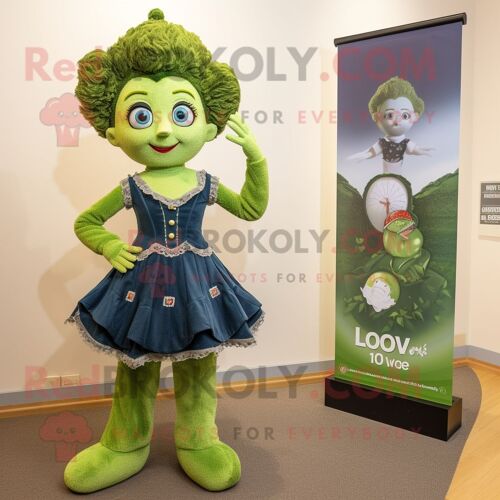 Personnage De Costume De Mascotte Redbrokoly Olive Irish Dancer Habillé D'un Jean Évasé Et De Broches