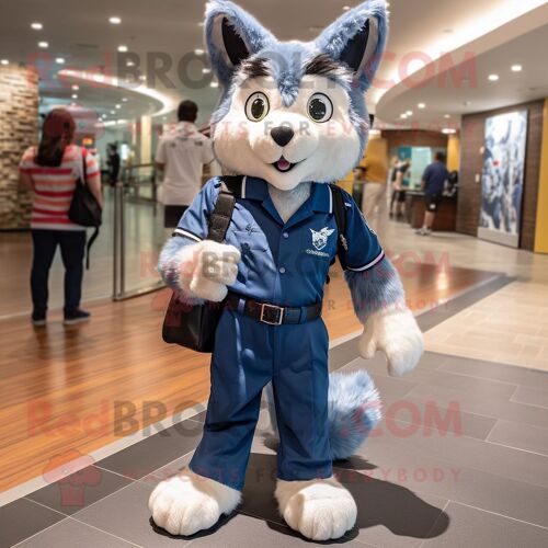 Personnage De Costume De Mascotte Redbrokoly De Lynx Bleu Marine Habillé D'un Short En Jean Et De Sacs À Main