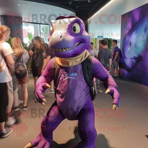 Personnage De Costume De Mascotte Redbrokoly De Dragon De Komodo Violet Habillé D'une Combinaison Et De Sacs À Dos