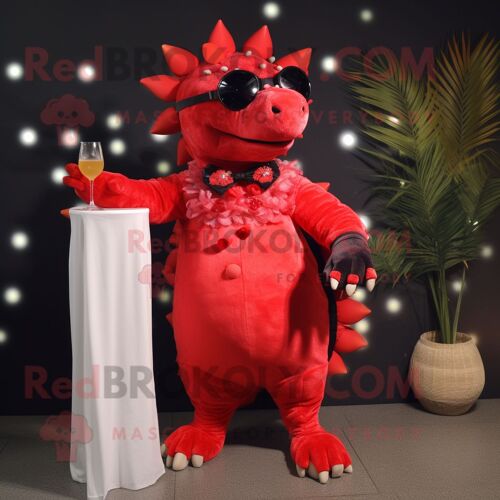 Personnage De Costume De Mascotte Redbrokoly D'ankylosaurus Rouge Habillé D'une Robe De Cocktail Et De Lunettes De Soleil
