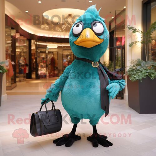 Personnage De Costume De Mascotte Redbrokoly Merle Turquoise Vêtu D'une Combinaison Et De Sacs À Main