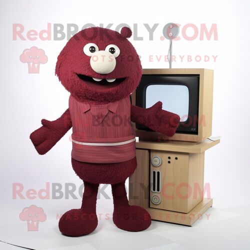 Personnage De Costume De Mascotte Redbrokoly De Télévision Marron Habillé Avec Un Cardigan Et Des Bracelets De Cheville
