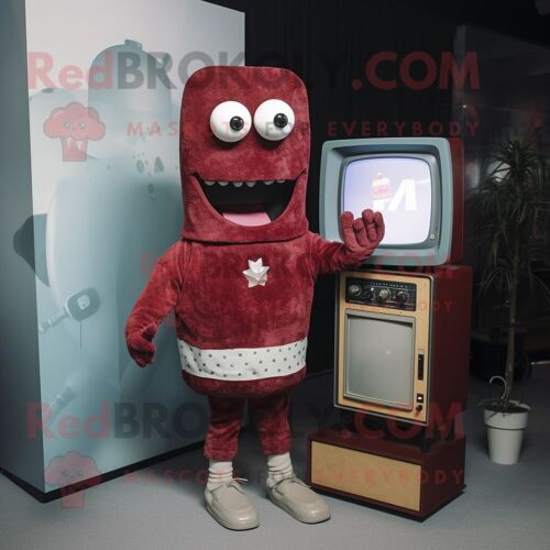 Personnage De Costume De Mascotte Redbrokoly De Télévision Marron Habillé Avec Un Cardigan Et Des Bracelets De Cheville