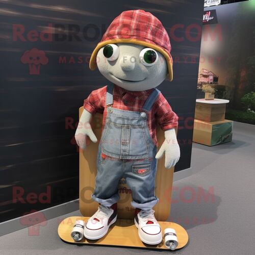 Personnage De Costume De Mascotte Redbrokoly De Skateboard Habillé Avec Une Salopette Et Des Sacs Fourre-Tout