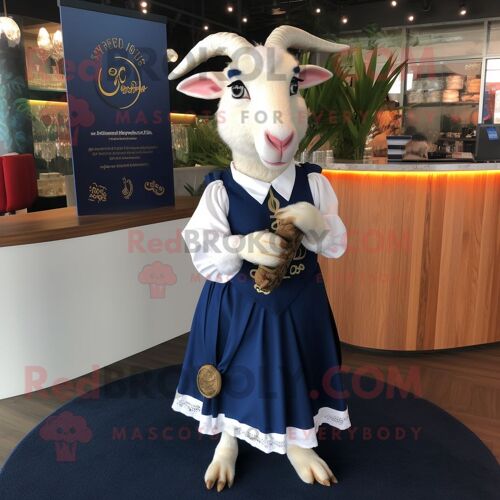 Personnage De Costume De Mascotte Redbrokoly De Chèvre Bleu Marine Habillé D'une Jupe Longue Et De Pochettes