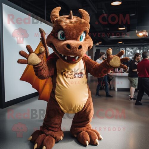 Mascotte Redbrokoly De Personnage De Dragon Marron Habillé Avec Un Jean Mom Et Des Gants