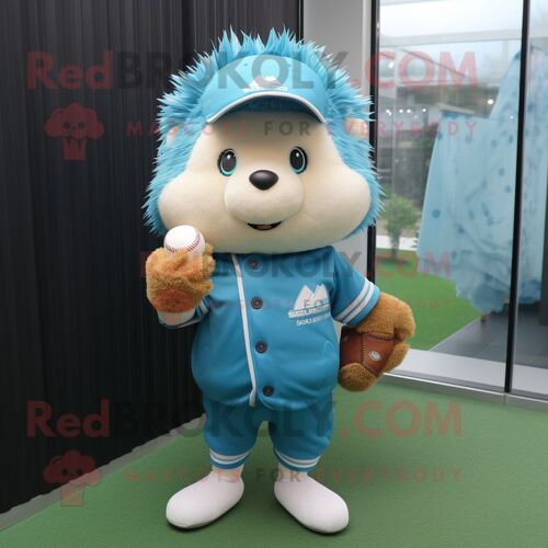 Personnage De Costume De Mascotte Redbrokoly De Hérisson Cyan Habillé D'un T-Shirt De Baseball Et De Pochettes