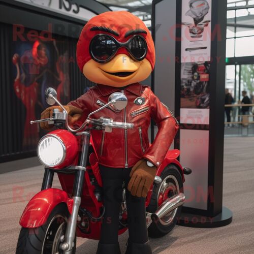 Personnage De Costume De Mascotte Redbrokoly De Sablier Rouge Habillé D'une Veste De Moto Et De Boucles D'oreilles