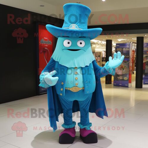 Mascotte Redbrokoly De Personnage De Magicien Turquoise Habillé D'un Jean Et De Lacets