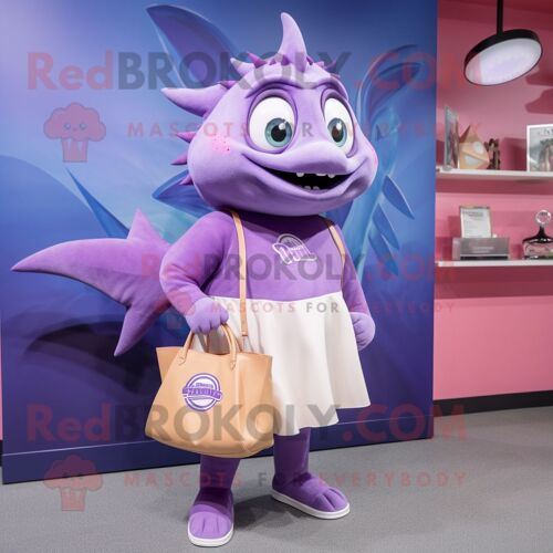 Personnage De Costume De Mascotte Redbrokoly De Thon Violet Habillé D'une Jupe Crayon Et De Sacs Fourre-Tout
