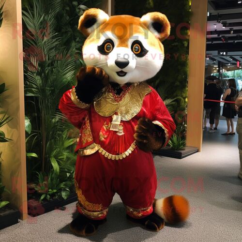 Personnage De Costume De Mascotte Redbrokoly De Panda Rouge Doré Habillé D'un Pantalon Habillé Et De Bracelets De Cheville