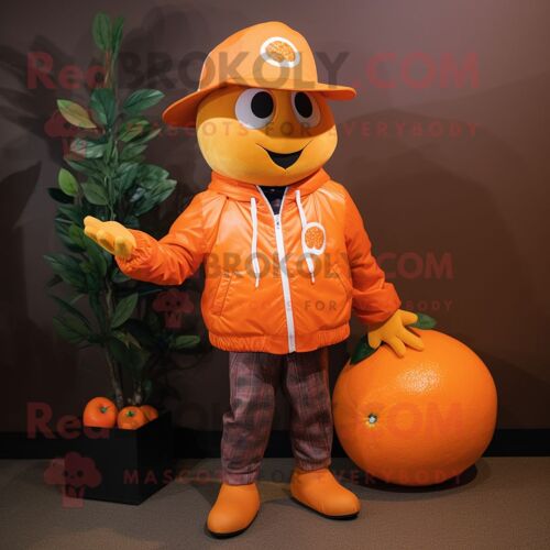 Personnage De Costume De Mascotte Redbrokoly De Prune Orange Habillé D'une Veste En Cuir Et De Chapeaux