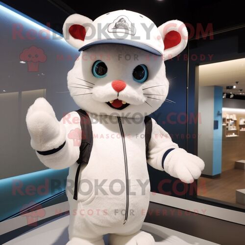 Mascotte Redbrokoly De Personnage De Chat Blanc Habillé D'un Sweat-Shirt Et De Chapeaux