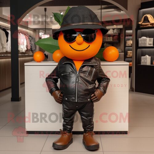 Personnage De Costume De Mascotte Redbrokoly De Prune Orange Habillé D'une Veste En Cuir Et De Chapeaux