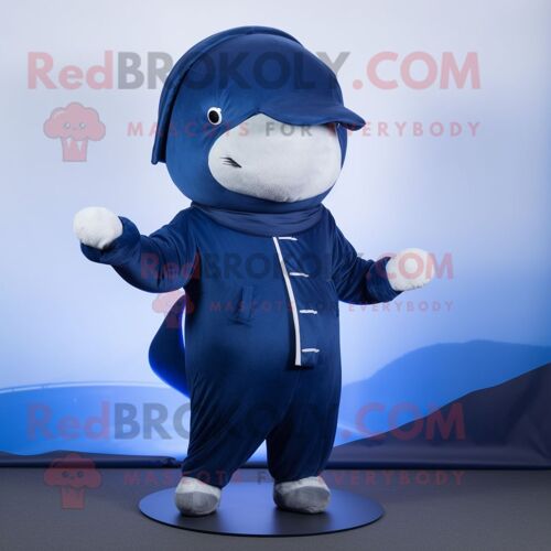 Mascotte Redbrokoly De Personnage De Baleine Bleue Marine Habillée D'un Col Roulé Et De Coussinets Pour Les Pieds