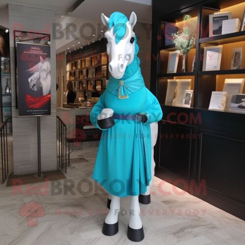 Mascotte Redbrokoly De Personnage De Cheval Cyan Habillé D'une Robe Taille Empire Et De Pochettes