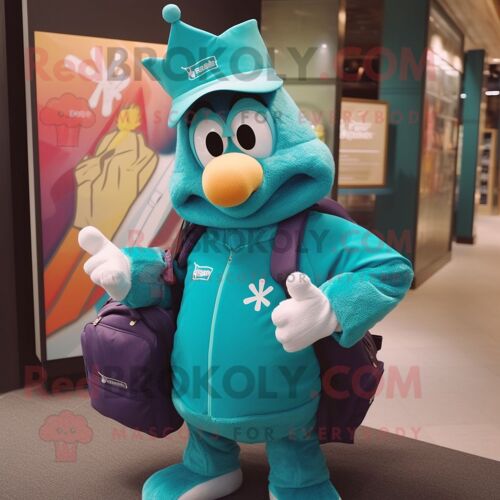 Personnage De Costume De Mascotte Redbrokoly Teal King Habillé D'un Coupe-Vent Et De Sacs Messenger
