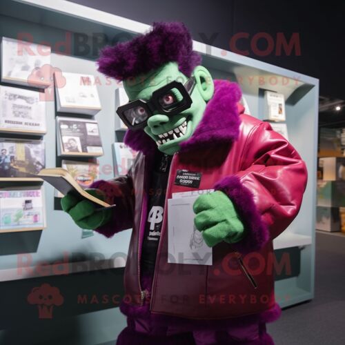 Personnage De Costume De Mascotte Redbrokoly De Magenta Frankenstein S Monster Habillé D'un Blouson Aviateur Et De Lunettes De Lecture