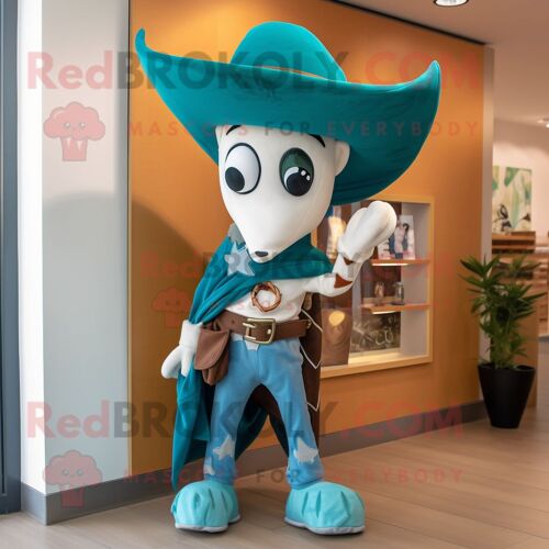 Personnage De Costume De Mascotte Redbrokoly De Cow-Boy Bleu Sarcelle Habillé D'un Jegging Et De Clips D'écharpe