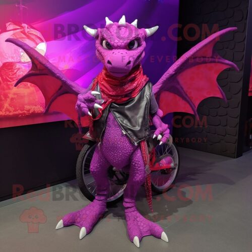 Personnage De Costume De Mascotte Redbrokoly De Dragon Magenta Habillé D'une Veste De Moto Et D'épingles À Châle