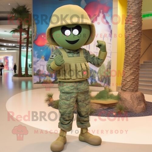 Personnage De Costume De Mascotte Redbrokoly De Soldat Américain Olive Habillé D'un Bikini Et De Lacets De Chaussures