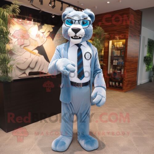 Personnage De Costume De Mascotte Redbrokoly De Lion De Montagne Bleu Ciel Habillé D'un Pantalon De Costume Et De Lunettes