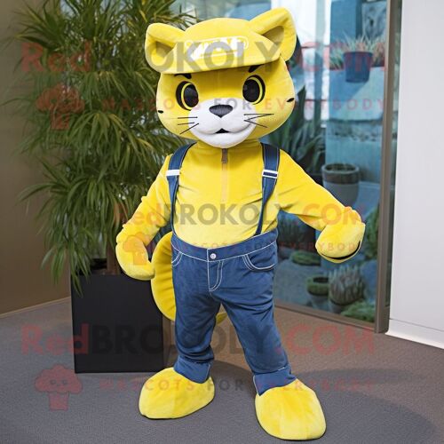 Personnage De Costume De Mascotte Redbrokoly Puma Jaune Citron Habillé D'un Jean Bootcut Et De Casquettes