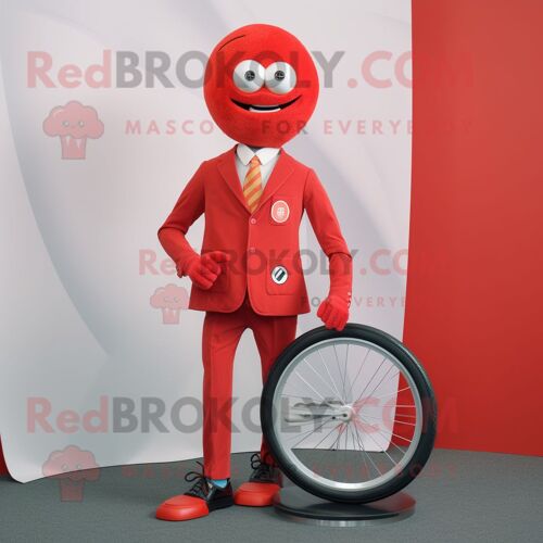 Mascotte Redbrokoly De Personnage De Monocycliste Rouge Habillé D'un Blazer Et D'épinglettes