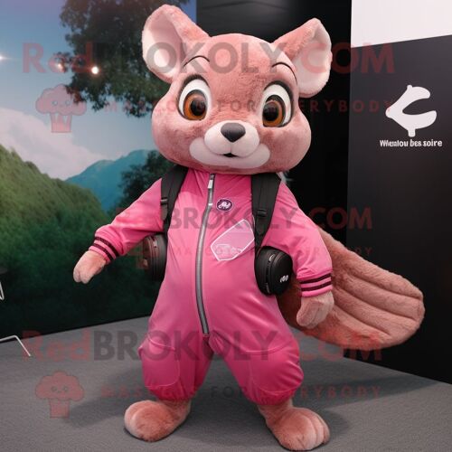 Personnage De Costume De Mascotte Redbrokoly D'écureuil Volant Rose Habillé D'une Combinaison Et De Sacs Messenger