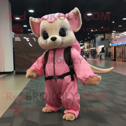 Personnage De Costume De Mascotte Redbrokoly D'écureuil Volant Rose Habillé D'une Combinaison Et De Sacs Messenger