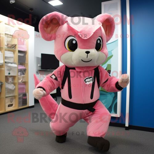 Personnage De Costume De Mascotte Redbrokoly D'écureuil Volant Rose Habillé D'une Combinaison Et De Sacs Messenger