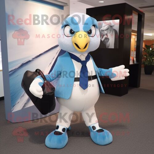 Personnage De Costume De Mascotte Redbrokoly De Faucon Bleu Ciel Habillé D'un Pantalon De Costume Et De Portefeuilles