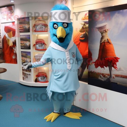 Personnage De Costume De Mascotte Redbrokoly De Poulet Tandoori Bleu Ciel Habillé D'un Pantacourt Et D'épingles À Chapeau