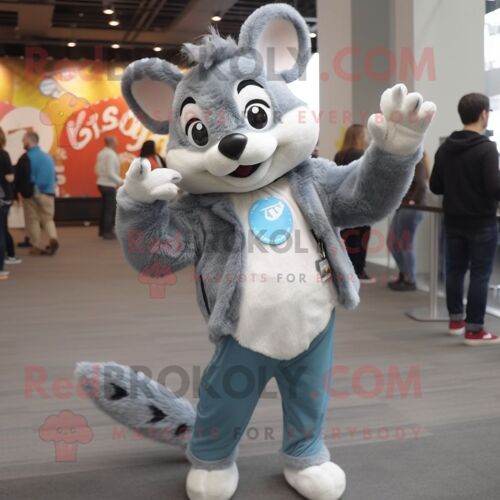Personnage De Costume De Mascotte Redbrokoly D'écureuil Volant Gris Habillé D'un Jean Boyfriend Et De Colliers