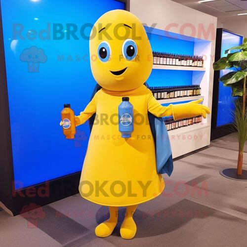 Personnage De Costume De Mascotte Redbrokoly De Bouteille Bleue De Moutarde Habillé D'un Chemisier Et De Mallettes